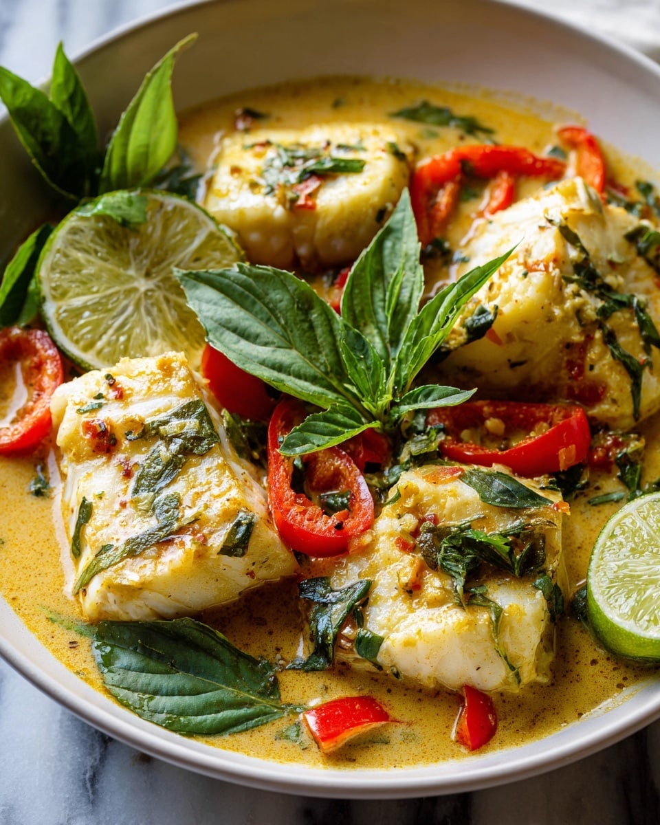 Large white round baking dish filled with a vibrant yellow curry featuring whole plump fish fillets simmered with bright green asparagus, chunks of red bell pepper, fresh basil leaves, and lime wedges, all in a rich, creamy sauce, presented as a complete whole dish photographed from a 3/4 angle on a white marble countertop with natural lighting, styled as a hero shot for a food magazine, photo taken with an iphone --ar 4:5 --v 7