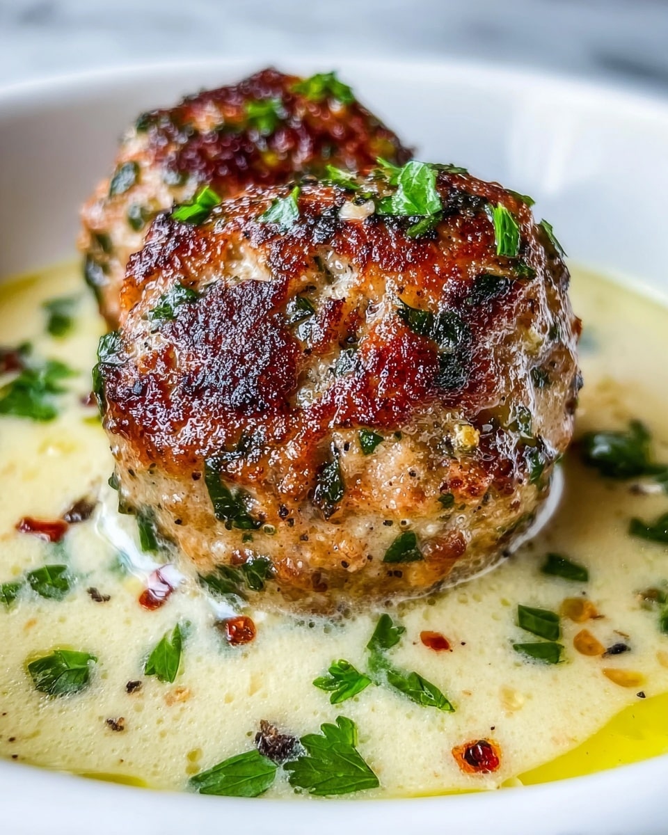 Large white serving dish filled with golden-brown, herb-speckled chicken meatballs nestled in a creamy, buttery sauce with visible cracked black pepper and red chili flakes, garnished with finely chopped fresh parsley, presented in a full batch showing multiple meatballs close together, photographed from a 3/4 angle on a white marble countertop with natural lighting, styled like a hero shot from a food magazine, photo taken with an iphone --ar 4:5 --v 7
