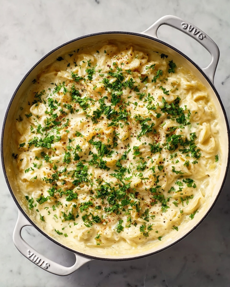 Large white Staub round casserole dish filled with creamy, rich macaroni and cheese made with tender pasta enveloped in smooth, golden cheese sauce, generously garnished with fresh, vibrant green parsley scattered evenly on top, presented from a 3/4 angle on a white marble countertop under natural lighting, styled as a professional food magazine hero shot, photo taken with an iphone --ar 4:5 --v 7