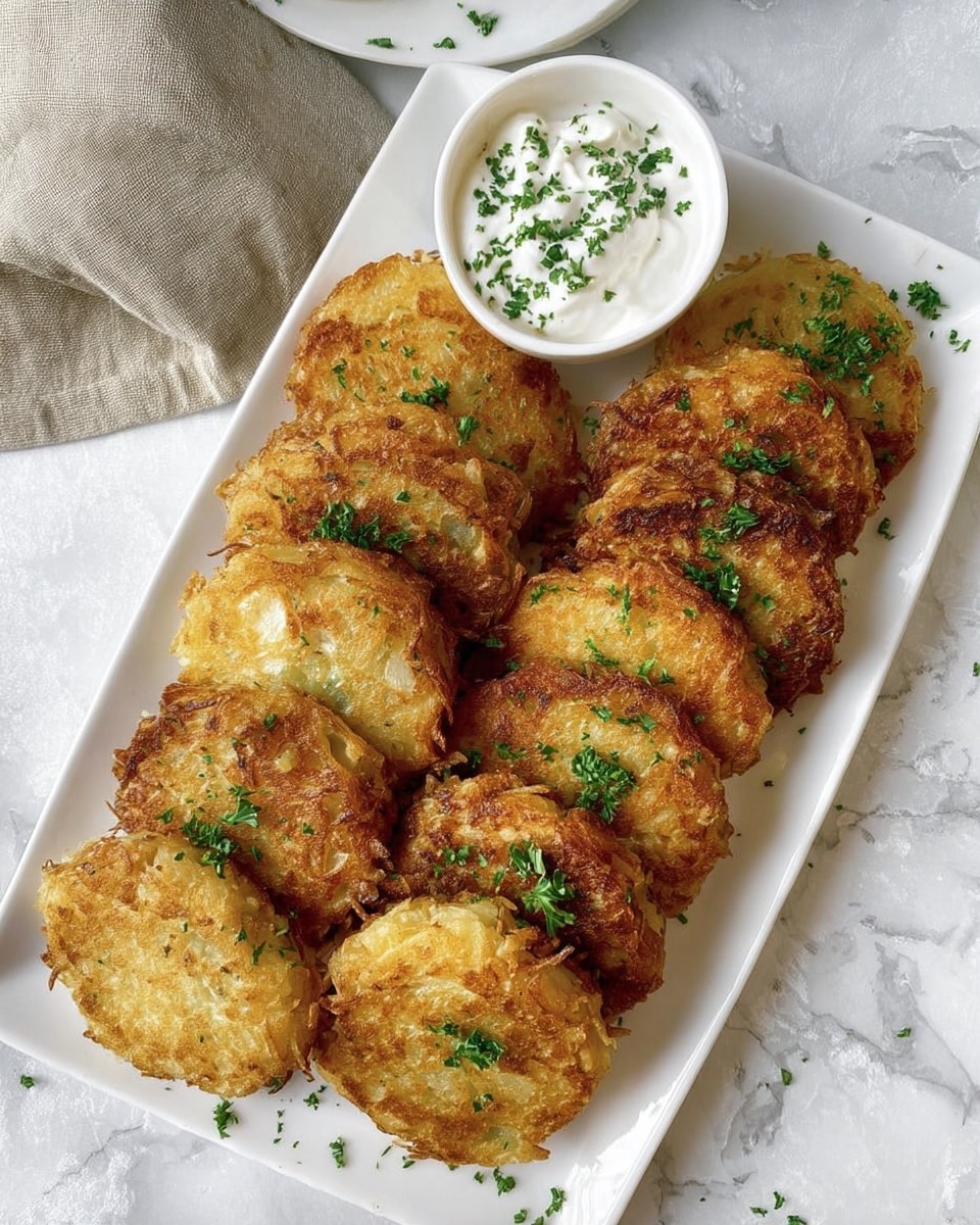 Large white rectangular platter filled with a full batch of golden-brown, crispy potato pancakes evenly arranged, each topped with finely chopped fresh parsley, accompanied by a white bowl of creamy sour cream sprinkled with chopped herbs, all set on a white marble countertop with natural lighting, styled professionally from a 3/4 angle, photo taken with an iphone --ar 4:5 --v 7