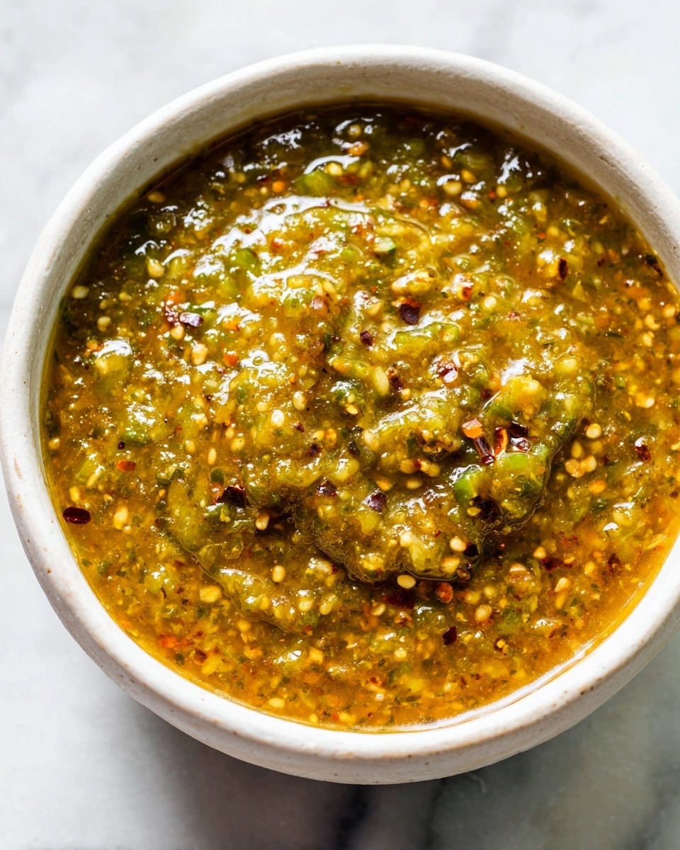 A large white ceramic bowl filled to the brim with vibrant, thick roasted salsa verde, showcasing a rich blend of roasted tomatillos, jalapeños, and spices with visible seeds and charred bits evenly mixed throughout, sitting on a pristine white marble countertop with natural lighting highlighting the fresh texture and colors, styled as a hero shot for a food magazine, photo taken with an iphone --ar 4:5 --v 7