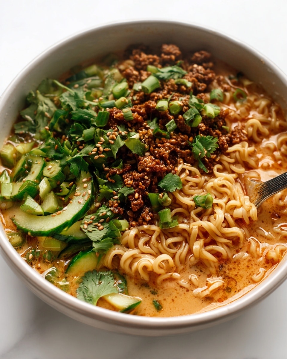 Large white ceramic bowl filled with a whole serving of creamy spicy peanut ramen noodles, immersed in rich, orange-hued broth, topped with a generous portion of crispy seasoned ground meat, fresh chopped green onions, vibrant cilantro leaves, cucumber matchsticks, and sprinkled sesame seeds, the entire dish styled naturally on a clean white marble countertop, photographed from a 3/4 angle with soft natural lighting, professional food magazine hero shot photo taken with an iphone --ar 4:5 --v 7