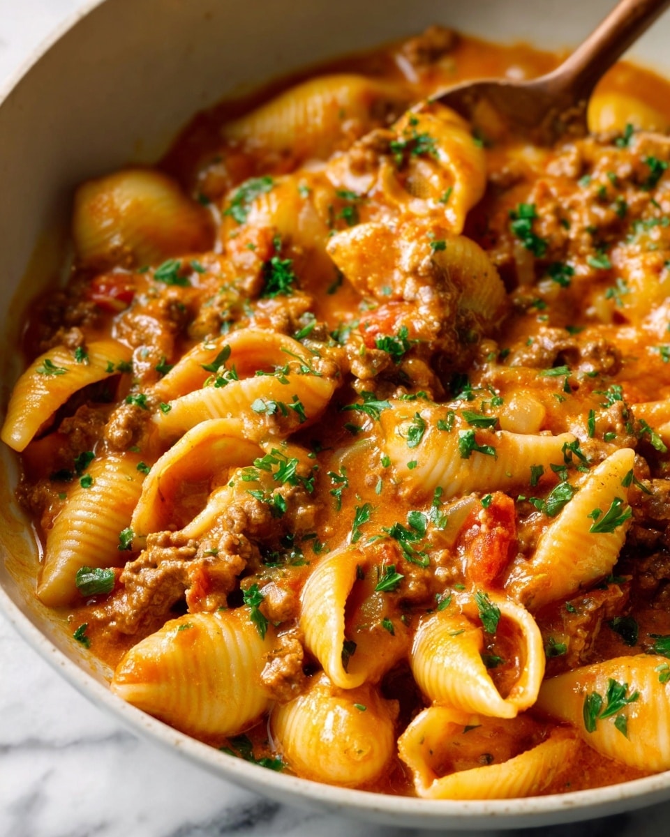 Large white bowl filled with a generous serving of creamy stuffed pasta shells smothered in a rich tomato and meat sauce, garnished with chopped fresh parsley. The shells appear perfectly cooked, holding a savory mixture inside, bathed in a velvety, hearty sauce with visible chunks of ground meat and diced tomatoes. The entire bowl shot from a 3/4 angle, placed on a white marble countertop, with natural lighting highlighting the textures and colors, styled like a professional food magazine hero shot, photo taken with an iphone --ar 4:5 --v 7