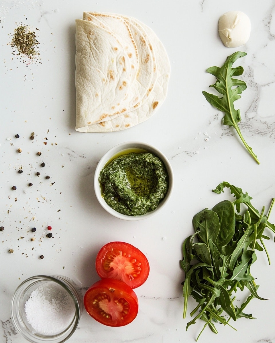 Single white plate holding one folded white flour tortilla wrap stuffed with fresh layers of bright green lettuce, thick slices of ripe red tomato, and creamy white cheese, close-up shot revealing the soft, slightly toasted texture of the tortilla and the moist interior layers, natural lighting highlighting the freshness of the vegetables, placed on a white marble surface, styled as an inviting, ready-to-eat portion from a food blog, photo taken with an iphone --ar 4:5 --v 7