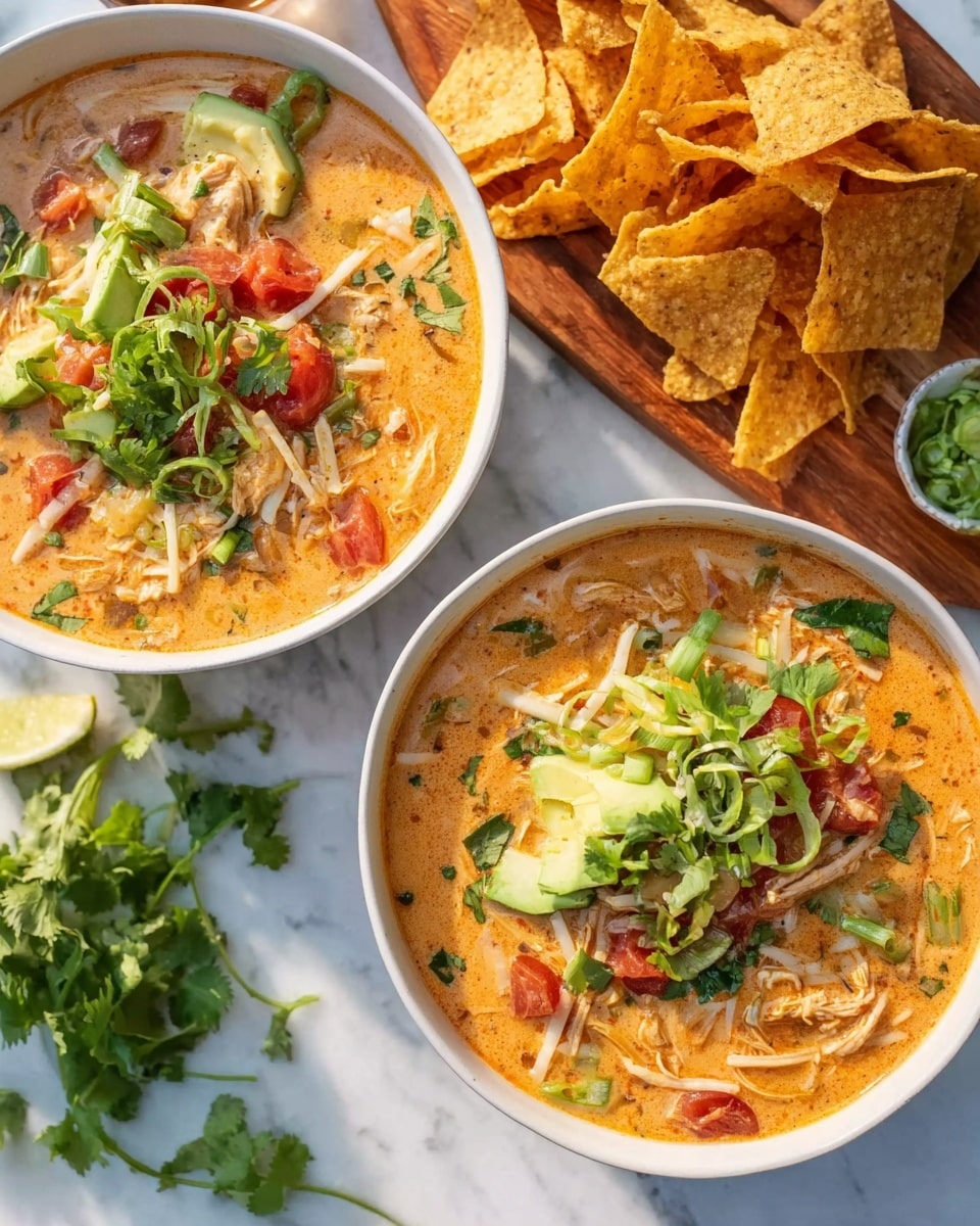 Two large white bowls filled with creamy chicken tortilla soup, featuring rich orange broth studded with shredded chicken, diced tomatoes, avocado chunks, shredded cheese, sliced green onions, and fresh cilantro leaves, accompanied by a wooden serving board stacked with numerous golden, crispy tortilla chips, set on a white marble surface under natural lighting, styled as a professional overhead food magazine hero shot, photo taken with an iphone --ar 4:5 --v 7