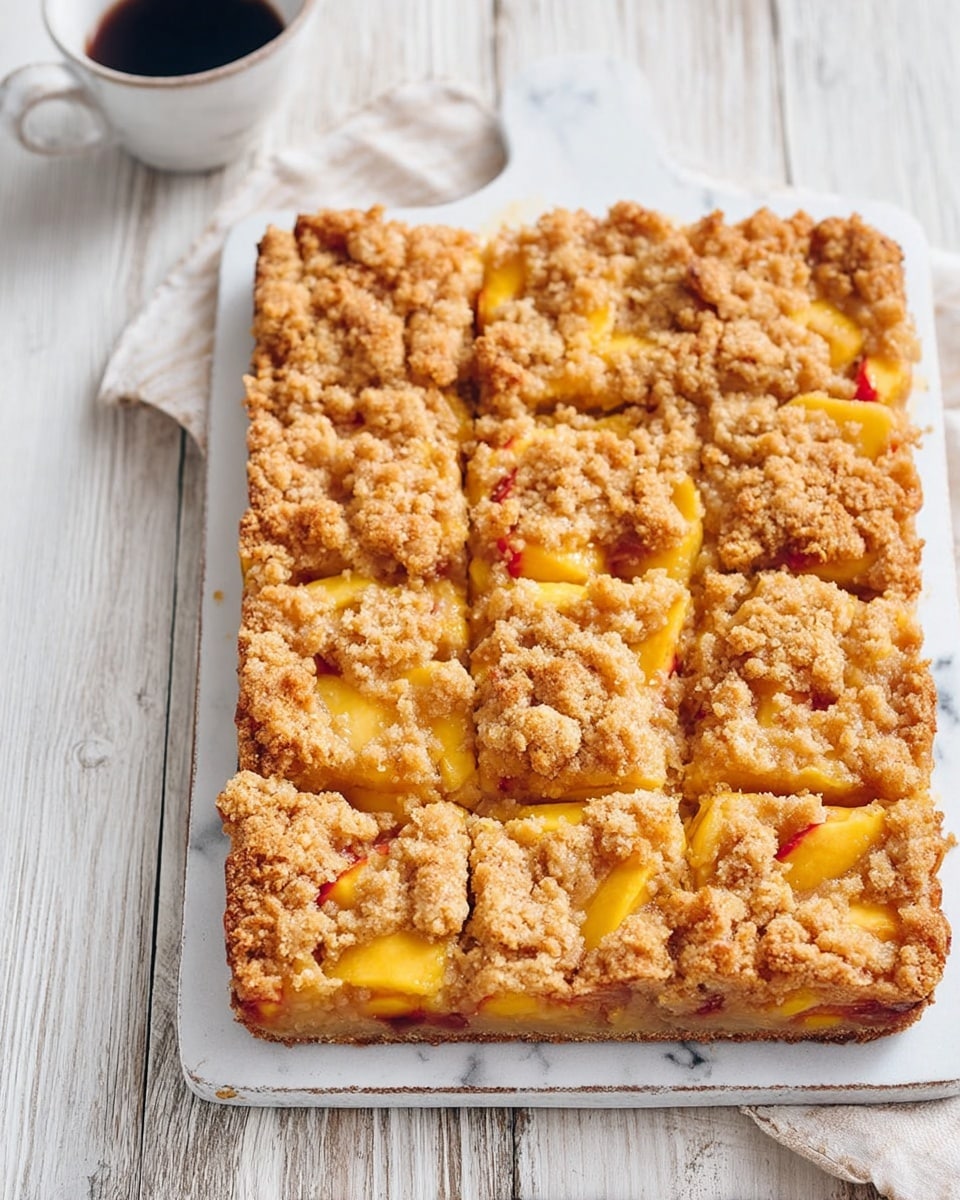 Large white rectangular baking pan filled with a whole freshly baked peach crumb bar dessert, featuring a golden brown crumb topping with visible chunks of juicy peaches beneath, the crust perfectly baked and intact, arranged neatly on a rustic white wooden surface, shot from a 3/4 angle to highlight the texture and layers, natural lighting enhancing the warm tones, white marble background subtly visible, professional food magazine style photo taken with an iphone --ar 4:5 --v 7