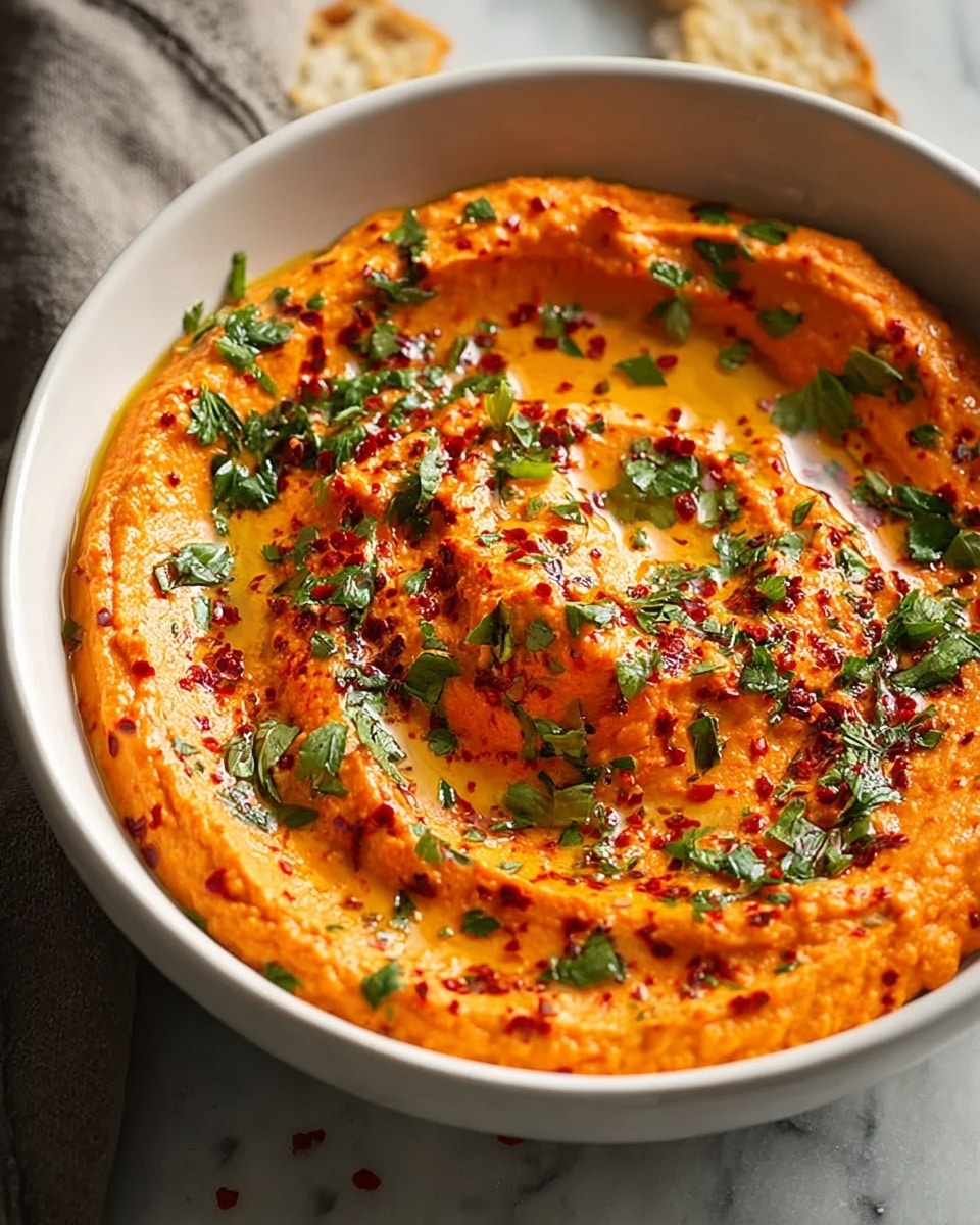 Large white bowl filled with a full serving of bright orange roasted red pepper hummus, swirled smoothly and generously drizzled with golden olive oil, sprinkled with vibrant green parsley and crushed red pepper flakes, whole dish styled and photographed from a 3/4 angle on a white marble countertop, natural lighting, professional food magazine hero shot photo taken with an iphone --ar 4:5 --v 7