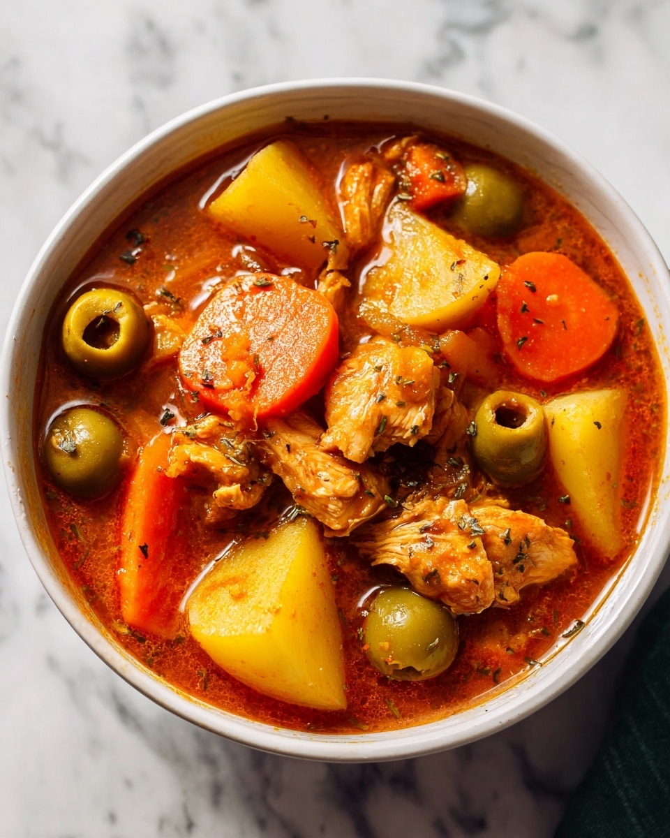 Large white enameled cast iron Dutch oven filled with rich, hearty chicken stew featuring tender chunks of chicken, vibrant slices of carrot, plump green olives, and whole bay leaves simmering in a deeply seasoned tomato-based broth, the glossy surface of the stew shimmering under natural light, photographed from a 3/4 angle on a white marble countertop with a clean, professional food styling, whole dish fully visible in frame, photo taken with an iphone --ar 4:5 --v 7