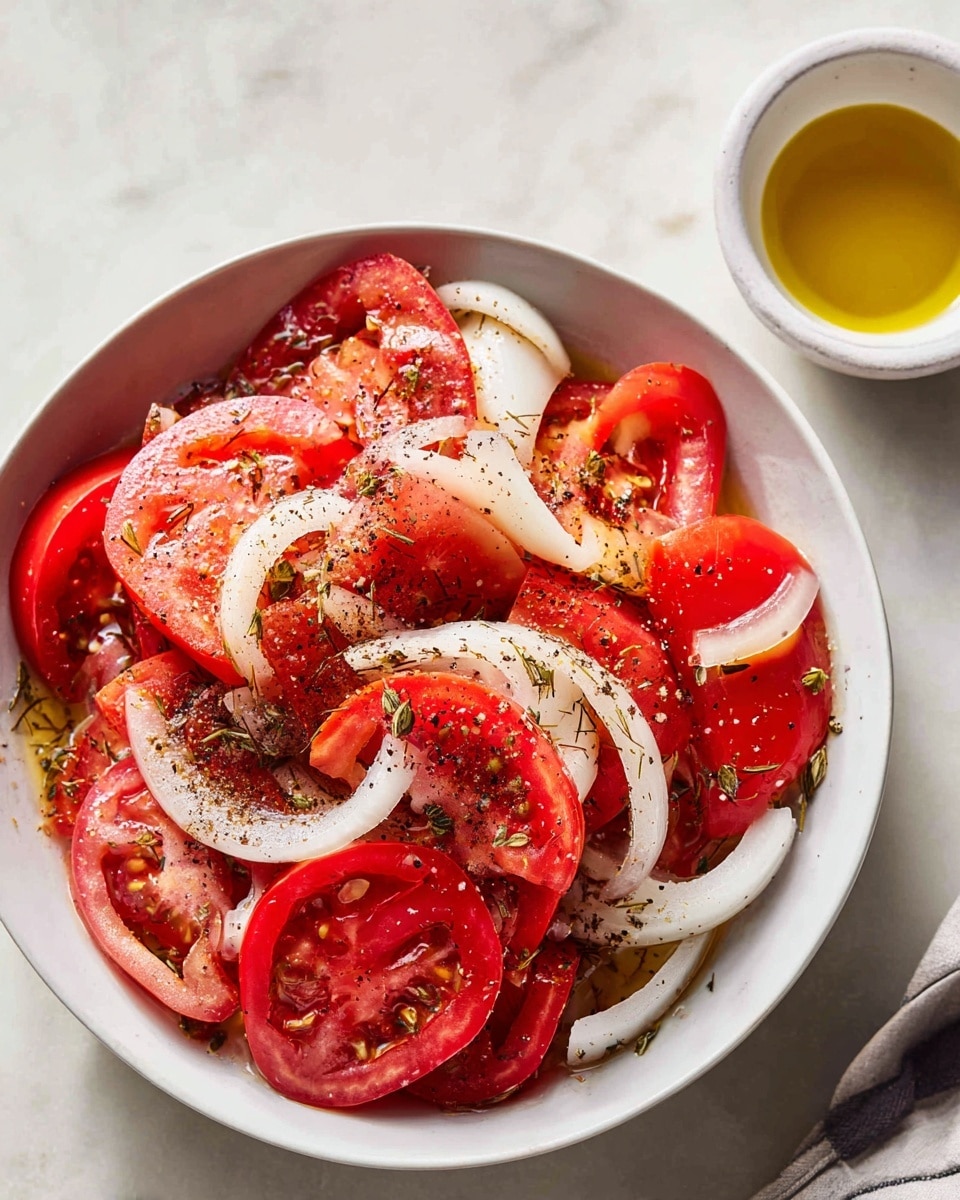 Large white bowl filled with a fresh tomato and onion salad, showcasing thick wedges of ripe red tomatoes mixed with crisp white onion slices, sprinkled with cracked black pepper, herbs, and coarse salt, accompanied by a small white container of golden olive oil on the side, photographed from a 3/4 angle on a white marble surface with natural lighting, a professional food magazine hero shot, photo taken with an iphone --ar 4:5 --v 7