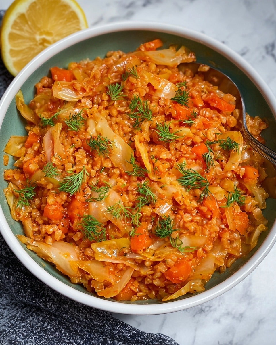 Large white Staub cast iron pot filled with a vibrant vegetable and rice casserole, featuring cooked shredded cabbage, carrots, onions, and a rich tomato-based sauce, garnished generously with fresh chopped dill on top, whole dish framed from a professional 3/4 angle shot on a white marble countertop, natural lighting highlighting the textures and colors, styled like a food magazine hero shot, photo taken with an iphone --ar 4:5 --v 7