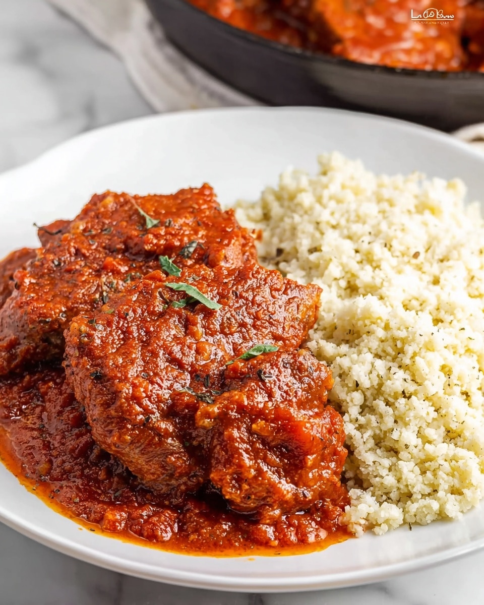 Black cast iron skillet filled with four large pieces of perfectly cooked chicken thighs smothered in rich, thick, vibrant red tomato-based sauce with visible herbs and spices, the entire dish glistening with flavorful juice, placed on a light wooden surface with a clean white cloth nearby, professional 3/4 angle photo of the whole skillet on a white marble background, natural lighting, like a hero shot from a food magazine, photo taken with an iphone --ar 4:5 --v 7