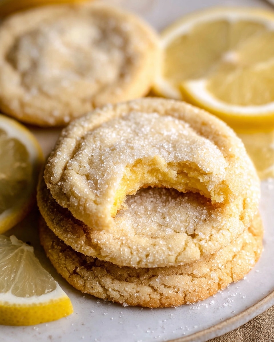 A bright white rectangular serving platter filled with a full batch of golden lemon cookies, each cookie perfectly round and generously sprinkled with granulated sugar and delicate lemon zest, arranged closely together to showcase their texture and color, accompanied by several lemon halves for a fresh and vibrant accent, shot from a slight overhead angle on a white marble countertop under natural light, styled as a professional food magazine hero shot, photo taken with an iphone --ar 4:5 --v 7
