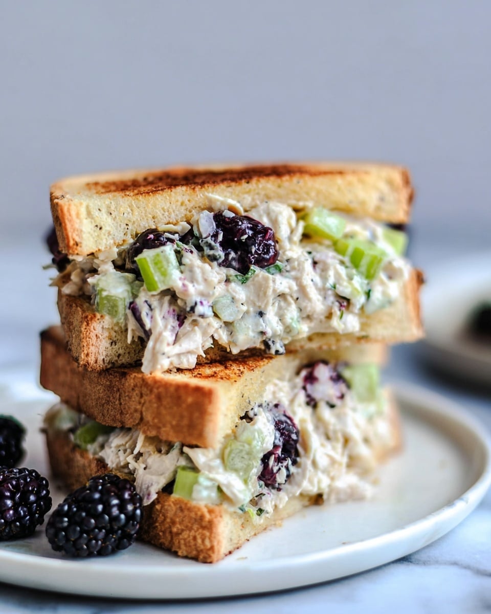 Large white serving bowl filled with creamy chicken salad mixed with plump blackberries and crunchy celery pieces, the entire mixed salad visibly fresh and vibrant, surrounded by additional slices of toasted white bread arranged neatly on a white marble countertop, natural lighting highlighting the textures and colors, professional food magazine style hero shot taken from a 3/4 angle, photo taken with an iphone --ar 4:5 --v 7