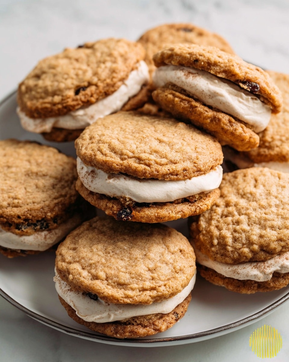White plate filled with a full batch of freshly baked oatmeal cream pies, each sandwiching a thick layer of creamy vanilla filling, cookies golden brown with a soft, textured surface and studded with raisins, arranged neatly together on a white marble countertop, natural lighting highlighting the warm tones and creamy textures, professional 3/4 angle food magazine hero shot, photo taken with an iphone --ar 4:5 --v 7