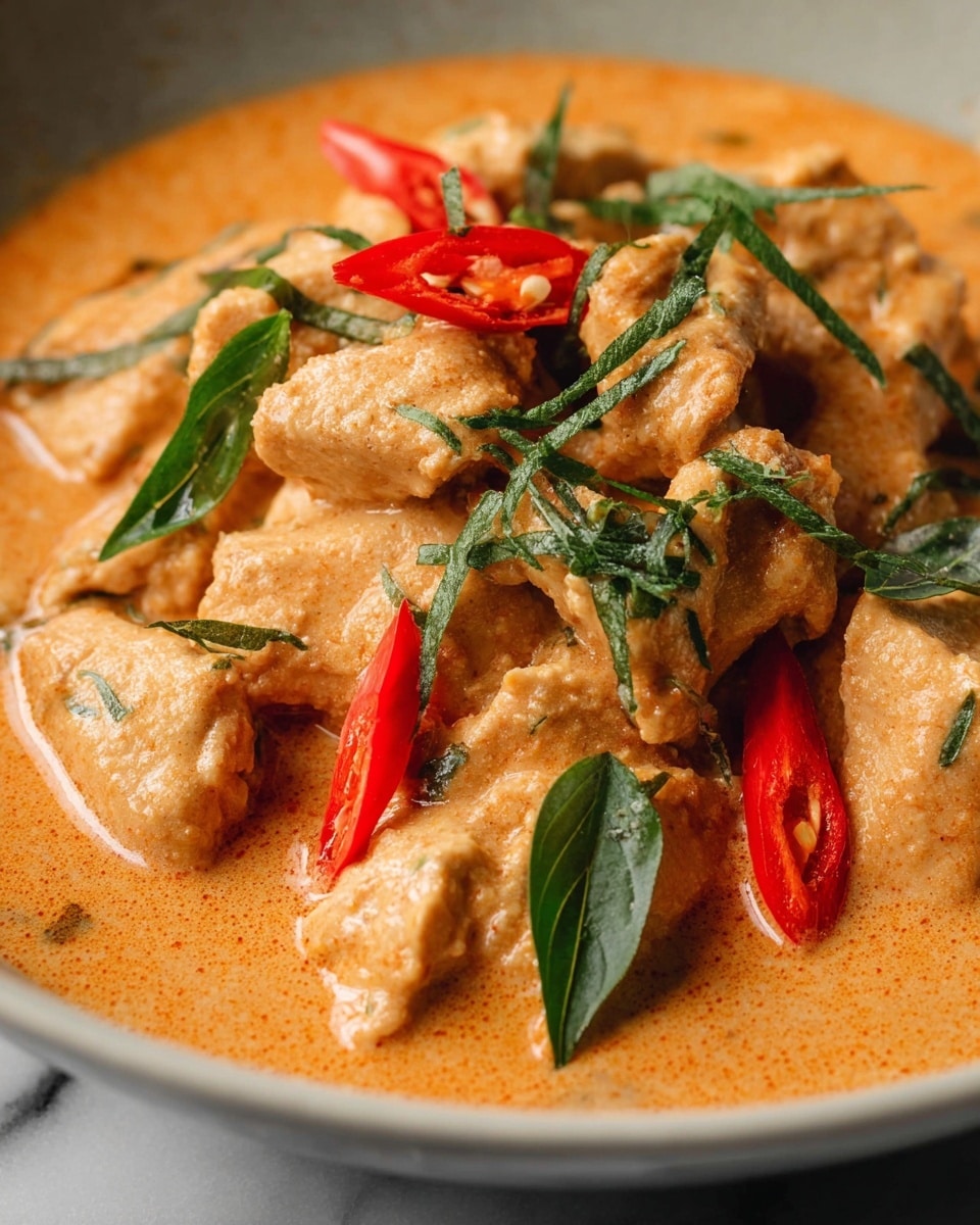 Large white serving bowl filled with rich Thai red curry featuring tender chicken pieces simmered in creamy coconut milk sauce, garnished with fresh kaffir lime leaves and thinly sliced red chili peppers, whole dish presented on a white marble countertop with natural lighting, professional 3/4 angle food styling photo taken with an iphone --ar 4:5 --v 7