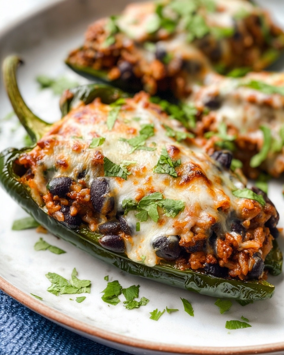 Large white oval serving platter filled with multiple stuffed poblano peppers arranged side by side, each pepper generously filled with a savory mixture of seasoned ground meat, black beans, and rice, topped with a layer of melted golden-brown cheese and sprinkled with fresh chopped cilantro, the whole dish displayed on a white marble countertop under natural light, professional food styling hero shot taken with an iphone --ar 4:5 --v 7