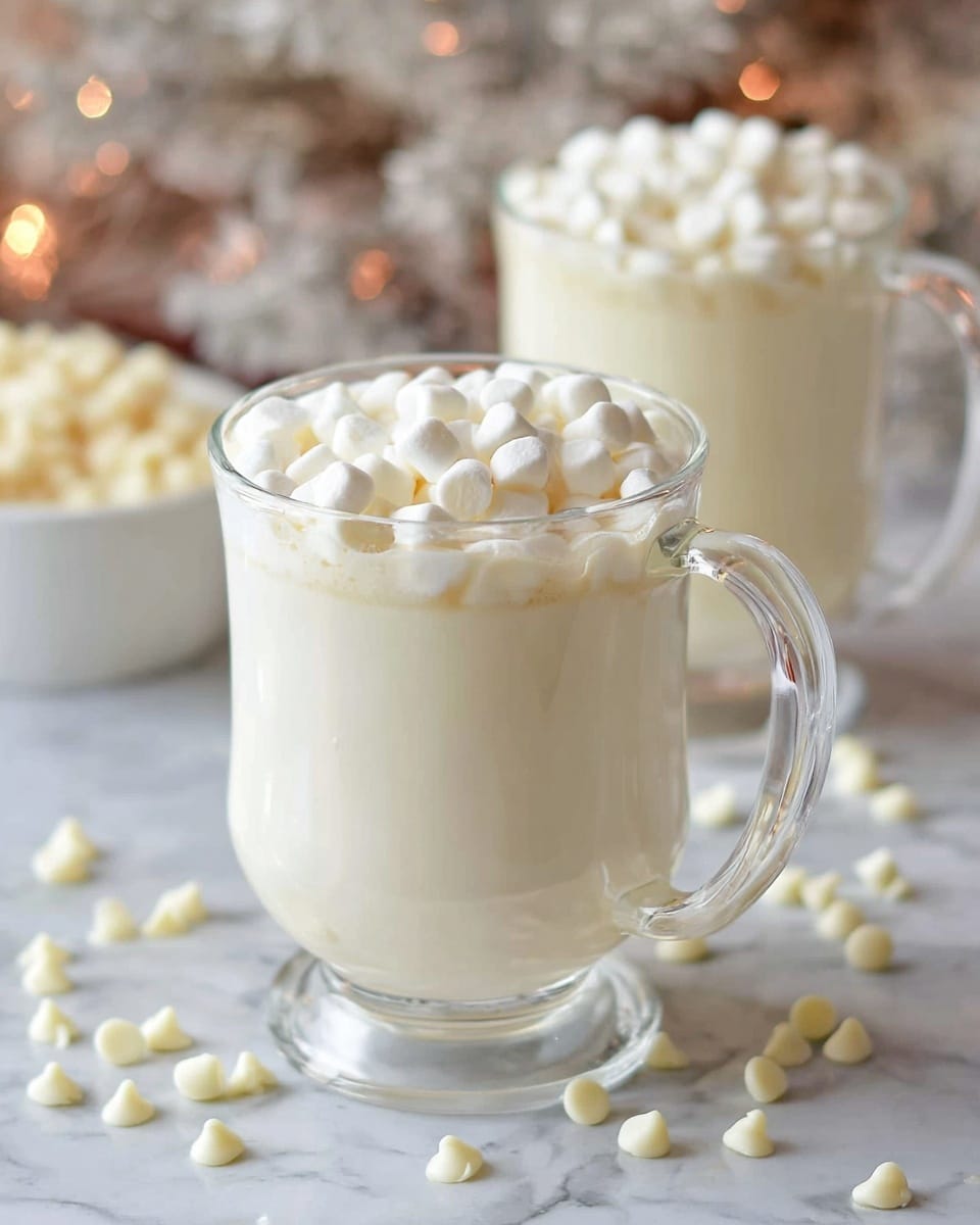 Two large clear glass mugs filled with creamy white hot chocolate topped with a generous heap of mini marshmallows, accompanied by a scattering of white chocolate chips around the mugs, all set on a crisp white marble countertop, captured in natural light with a professional 3/4 angle shot, styled as a cozy winter beverage presentation, photo taken with an iphone --ar 4:5 --v 7