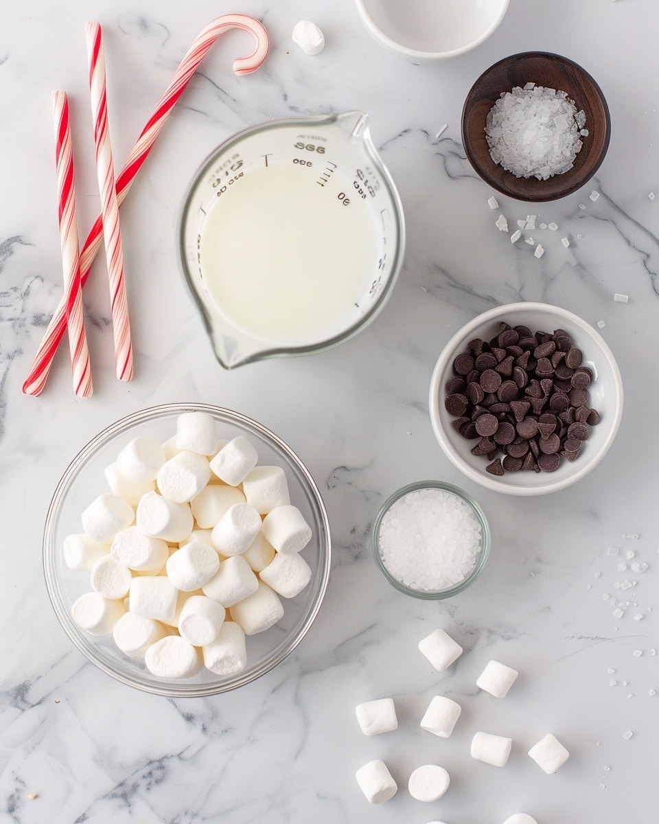 Single clear glass mug on a white marble surface filled with a creamy white hot chocolate topped abundantly with small, fluffy marshmallows, with a few white chocolate chips gently melted on top of the marshmallow layer, steam rising softly, bright natural lighting highlighting the smooth texture of the drink and the contrast of the soft marshmallows, styled as a cozy single serving ready to enjoy, white marble background, intimate close-up photo taken with an iphone --ar 4:5 --v 7