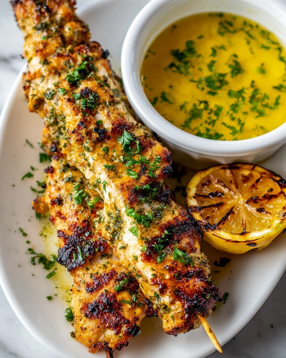 Large white rectangular baking dish lined with parchment paper holding a full batch of golden, crispy grilled chicken skewers evenly coated with herbs and spices, garnished with fresh parsley sprigs and accompanied by several halves of caramelized grilled lemons, served alongside a small white bowl of vibrant green herb-infused dipping sauce, all presented on a white marble countertop with natural lighting, styled as a professional food magazine hero shot, photo taken with an iphone --ar 4:5 --v 7