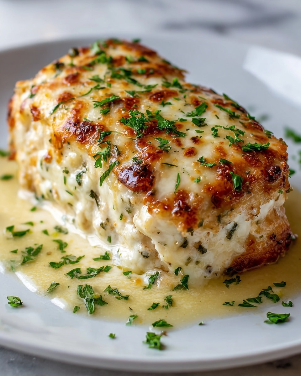 Full white rectangular baking dish filled with several golden-browned, baked chicken portions topped with melted mozzarella cheese and sprinkled generously with fresh chopped parsley, glossy and juicy with herbs visible throughout the creamy cheese layer, photographed from a 3/4 angle on a white marble background with natural lighting, styled as a professional hero food magazine shot, photo taken with an iphone --ar 4:5 --v 7