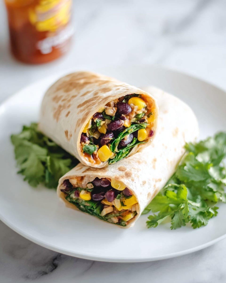 Large white plate holding a whole uncut burrito wrapped tightly in a soft flour tortilla, filled generously with black beans, melted cheddar cheese, corn kernels, sautéed onions, and fresh spinach, arranged with a focus on the full shape and texture of the burrito, photographed from a professional 3/4 angle on a white marble countertop under natural lighting, styled like a hero shot from a food magazine, photo taken with an iphone --ar 4:5 --v 7