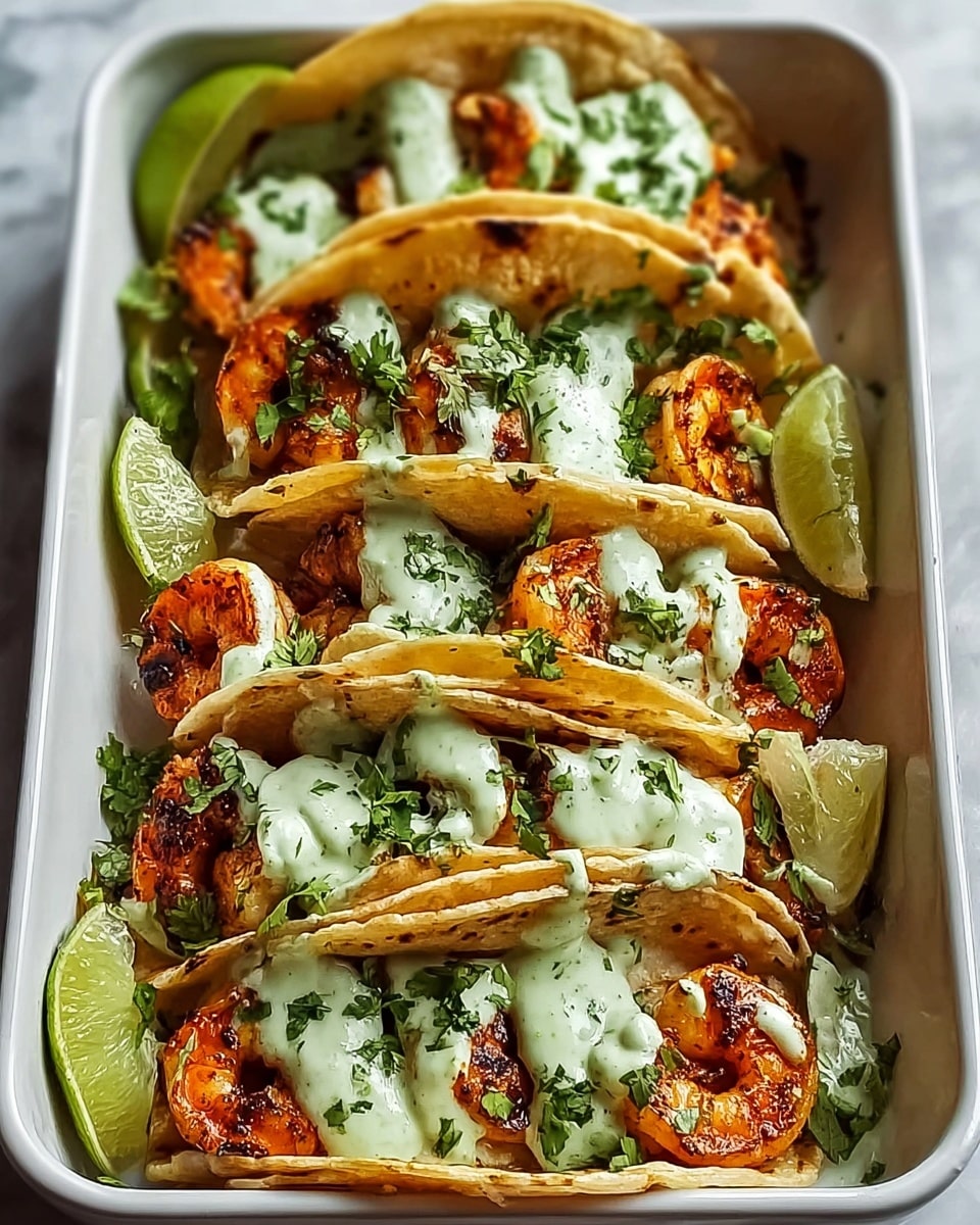 A large white rectangular baking dish filled with multiple fully assembled shrimp tacos, each with charred shrimp nestled in soft, warm corn tortillas, topped with a generous drizzle of creamy cilantro-lime sauce and fresh chopped cilantro, arranged neatly in a row inside the dish, showcasing the entire uncut set ready to serve, photographed from a 3/4 angle on a white marble countertop with natural lighting, professional food magazine hero shot, photo taken with an iphone --ar 4:5 --v 7