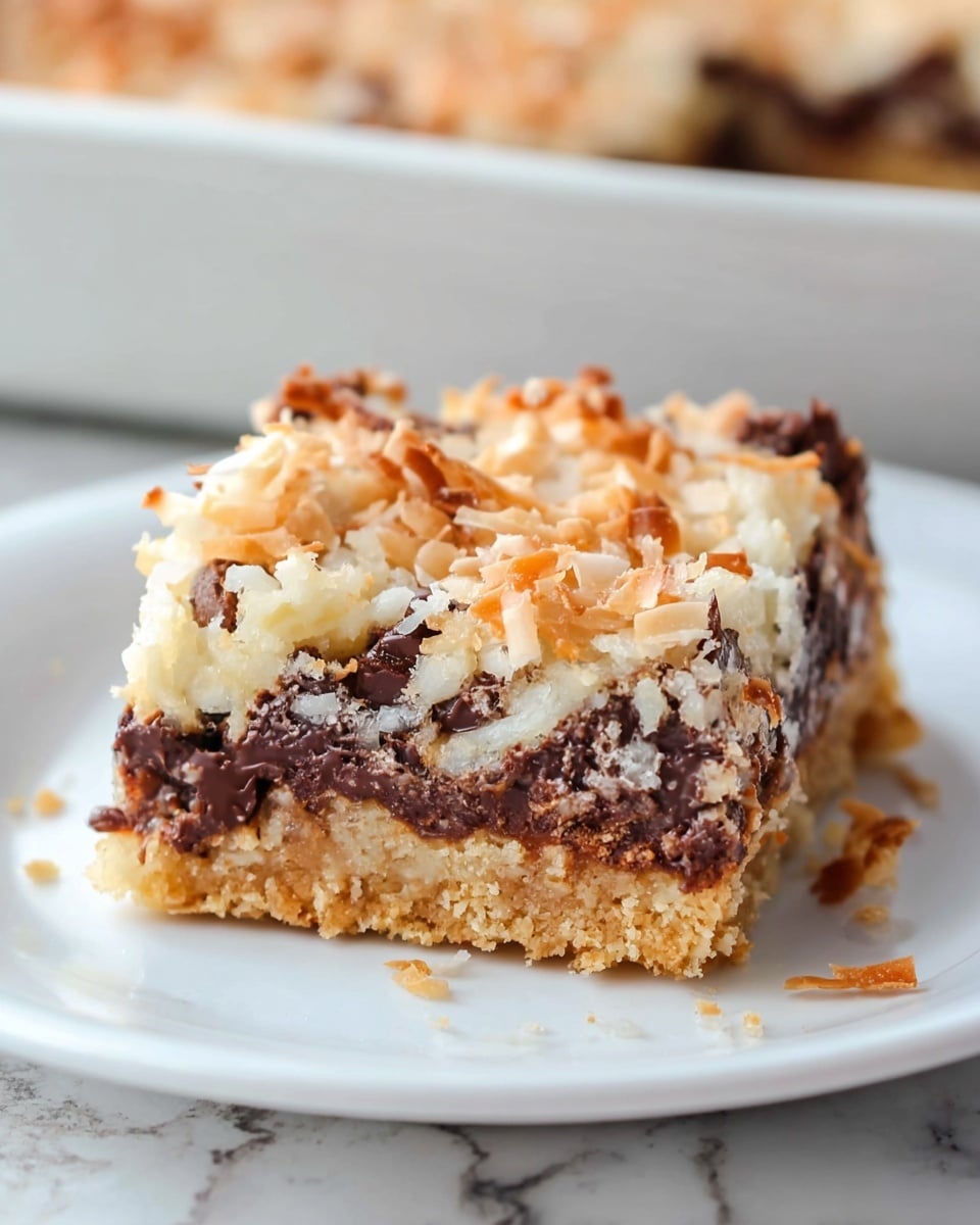 Rectangular white ceramic baking dish filled with a freshly baked coconut and chocolate chip bar dessert, featuring a golden toasted coconut topping scattered generously with semi-sweet chocolate chips, the edges perfectly browned and crispy, whole dish displayed prominently on a white marble countertop with natural lighting emphasizing the textures, styled for a professional food magazine hero shot, photo taken with an iphone --ar 4:5 --v 7