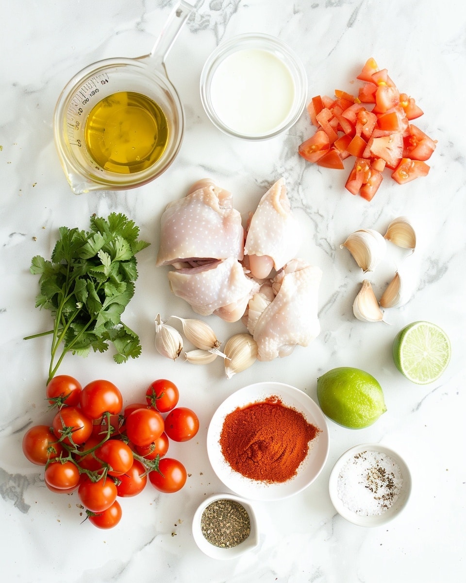 Single white bowl with one plated serving of tender chicken thigh coated in a rich, creamy, orange-hued tomato curry sauce, garnished with finely chopped fresh cilantro and freshly cracked black pepper, served alongside a portion of fluffy white basmati rice, two lime wedges tucked beside the chicken, close-up angled shot highlighting the sauce's smooth texture and the charred, juicy surface of the chicken, sitting on a white marble background under natural lighting, styled as a warm, inviting individual portion photo taken with an iphone --ar 4:5 --v 7