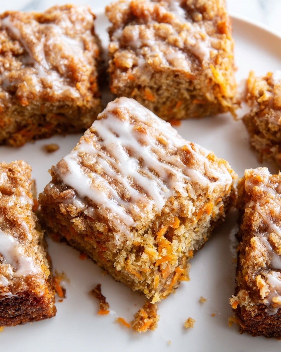 Large white rectangular baking dish filled with an entire batch of moist carrot cake bars topped with a generous drizzle of cinnamon-spiced glaze, showcasing the golden-brown crust and visible flecks of grated carrots within the tender crumb, photographed from above on a white marble countertop under natural lighting, professional food styling photo taken with an iphone --ar 4:5 --v 7
