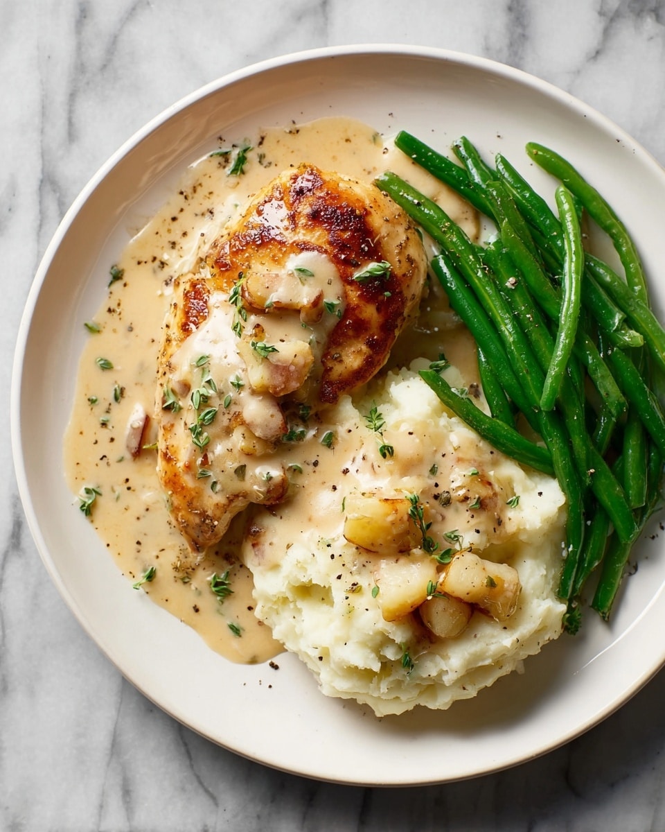 Cast iron skillet filled with four golden seared whole chicken breasts bathed in a creamy garlic sauce, garnished with whole roasted garlic cloves and sprinkled with fresh chopped parsley, the luscious sauce thickly coating the meat, photographed from a 3/4 angle on a white marble countertop with natural light, professional food magazine hero shot, photo taken with an iphone --ar 4:5 --v 7