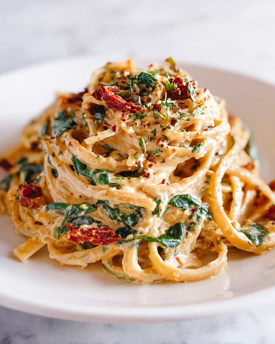 Large white pan filled with creamy fettuccine pasta tossed with wilted spinach and sun-dried tomatoes, generously coated with a rich sauce and sprinkled with freshly ground black pepper, presented in a professional overhead shot on a white marble countertop, natural lighting enhancing the vibrant colors and textures, like a hero food magazine photo taken with an iphone --ar 4:5 --v 7