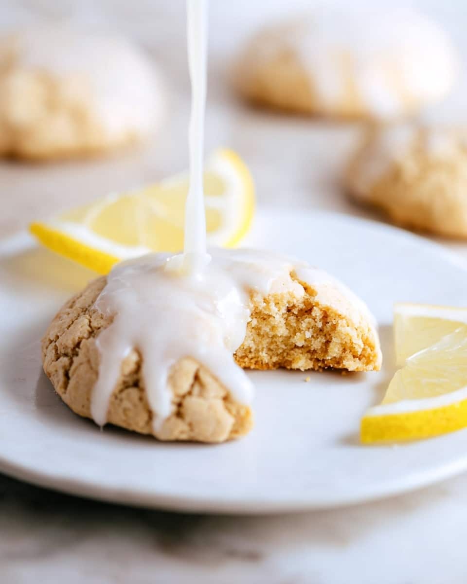 White rectangular serving platter filled with a full batch of golden lemon cookies, each topped with a smooth, glossy white icing glaze, arranged neatly on crinkled parchment paper, accompanied by halved fresh lemons in the background, photographed from a 3/4 angle on a white marble countertop with natural lighting, professional food styling photo taken with an iphone --ar 4:5 --v 7