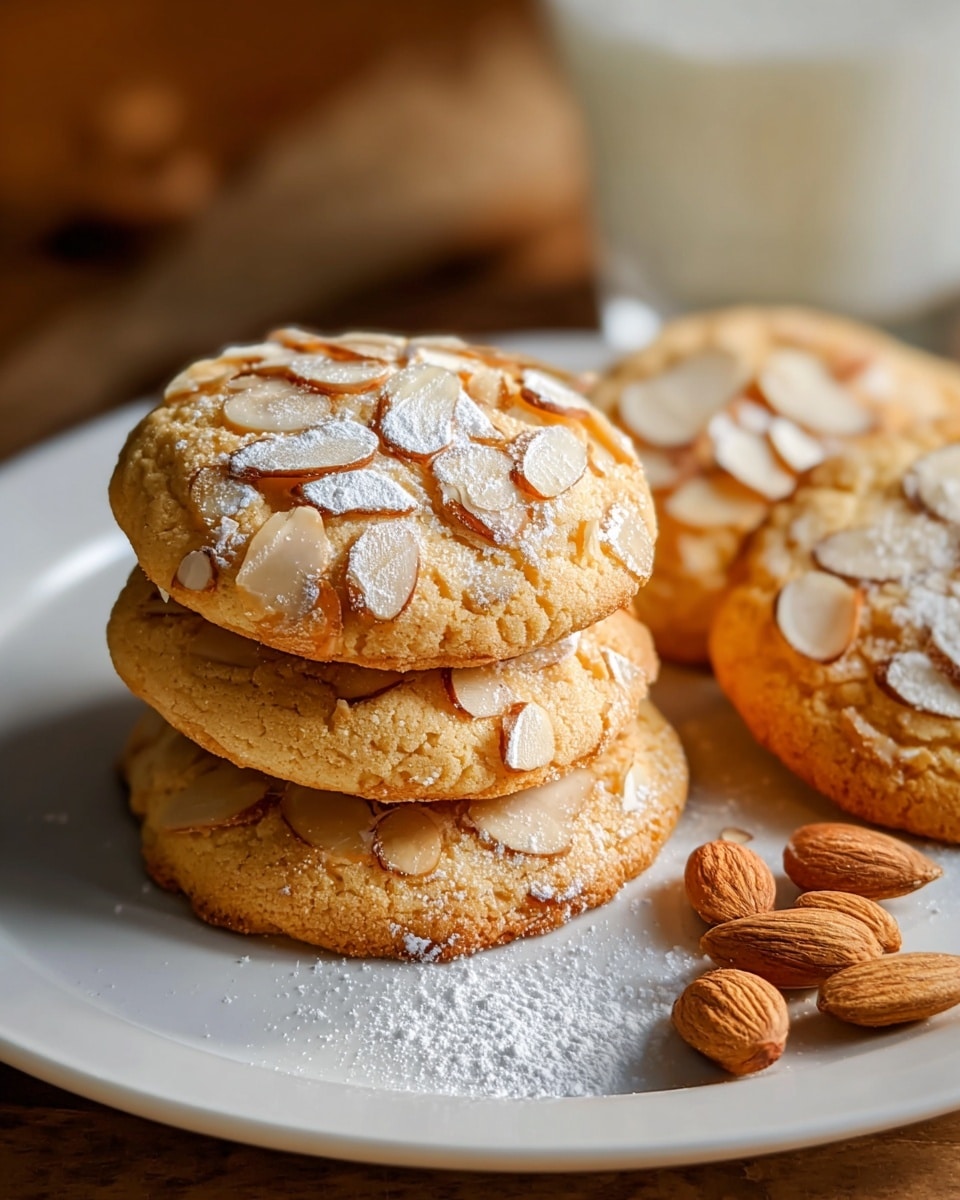 A full baking sheet lined with parchment paper displaying a complete batch of freshly baked soft almond cookies topped generously with sliced almonds, each cookie golden brown with a slightly cracked surface, arranged evenly across the sheet, photographed in natural daylight on a white marble countertop, professional food styling, vibrant and appetizing presentation, photo taken with an iphone --ar 4:5 --v 7