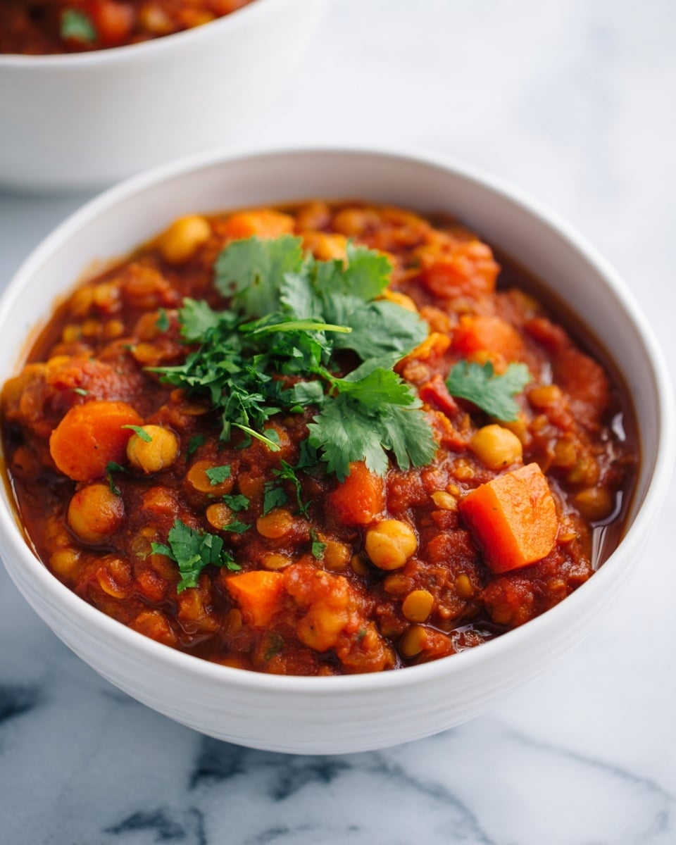 Large white serving bowl filled with a hearty lentil stew, showcasing tender lentils, chunks of sweet potatoes, chickpeas, and diced tomatoes, garnished abundantly with fresh cilantro leaves, whole dish photographed from a 3/4 angle on a white marble countertop, bathed in natural light, styled like a hero shot from a food magazine, photo taken with an iphone --ar 4:5 --v 7