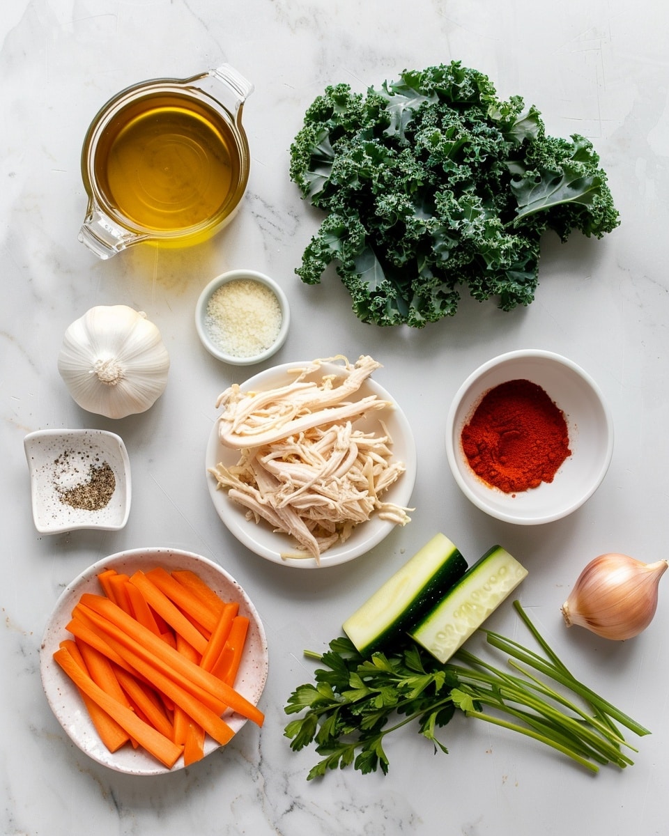 Single white bowl filled with a vibrant single serving of homemade chicken vegetable soup showcasing tender shredded chicken pieces, bright orange carrot slices, leafy green herbs, and chunks of tomato in a clear golden broth, garnished with cracked black pepper and fresh parsley, all presented on a white marble surface with natural lighting, intimate close-up view highlighting the hearty textures and warmth, styled for a food blog, photo taken with an iphone --ar 4:5 --v 7