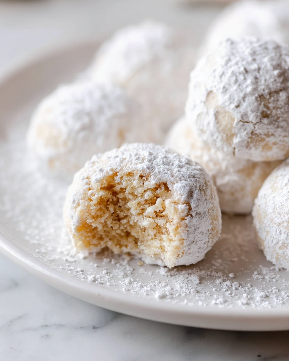 White ceramic bowl filled with an abundant heap of traditional Mexican Wedding Cookies, each perfectly round and generously coated in powdered sugar, arranged tightly together to showcase the full batch of these buttery, nutty cookies, natural lighting highlighting the delicate powdered texture, shot from a 3/4 angle on a white marble countertop, professional food styling photo taken with an iphone --ar 4:5 --v 7