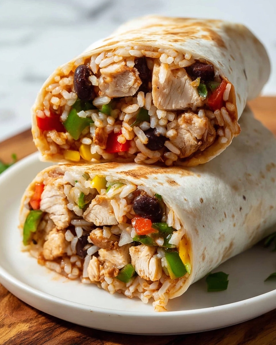 Large white plate filled with a stack of whole, uncut chicken burritos, each generously wrapped in warm, lightly charred flour tortillas, packed with a hearty filling of tender chicken pieces, fluffy rice, melted cheddar cheese, tangy sauce, and vibrant green bell peppers, the burritos arranged neatly to showcase the full, intact wraps, with slight steam rising to emphasize freshness, photographed from a 3/4 angle on a white marble countertop with natural lighting, styled professionally like a hero shot from a food magazine, photo taken with an iphone --ar 4:5 --v 7