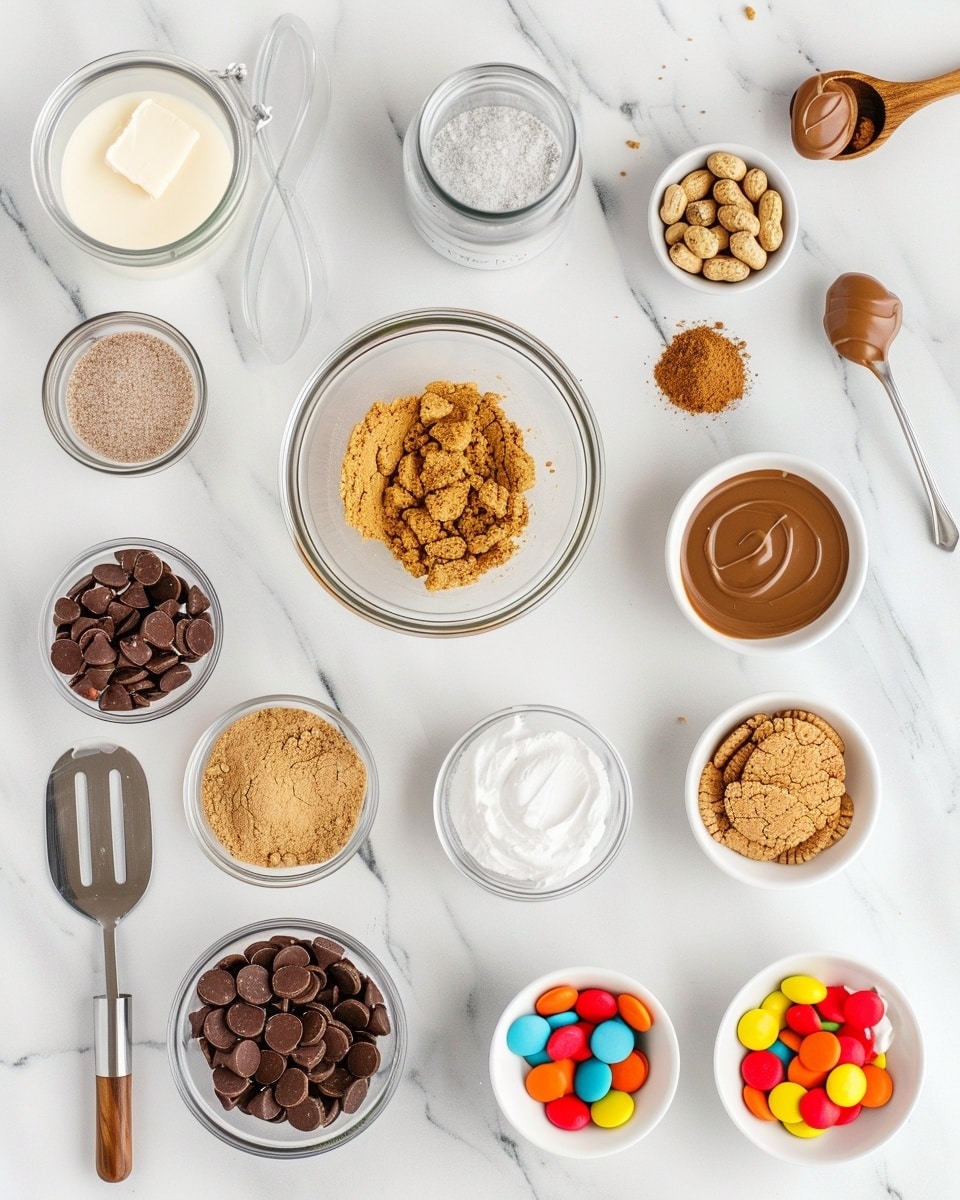 Single white plate with one square slice of layered peanut butter dessert bar, close-up angled view showing a thick crumbly base layer, dense middle filling with bits of peanut butter candy pieces embedded, topped with a drizzle of creamy peanut butter sauce and scattered colorful candy-coated chocolates, texture details of the slightly crumbly edges and smooth interior visible, placed on white marble surface, natural lighting, styled intimate serving photo taken with an iphone --ar 4:5 --v 7