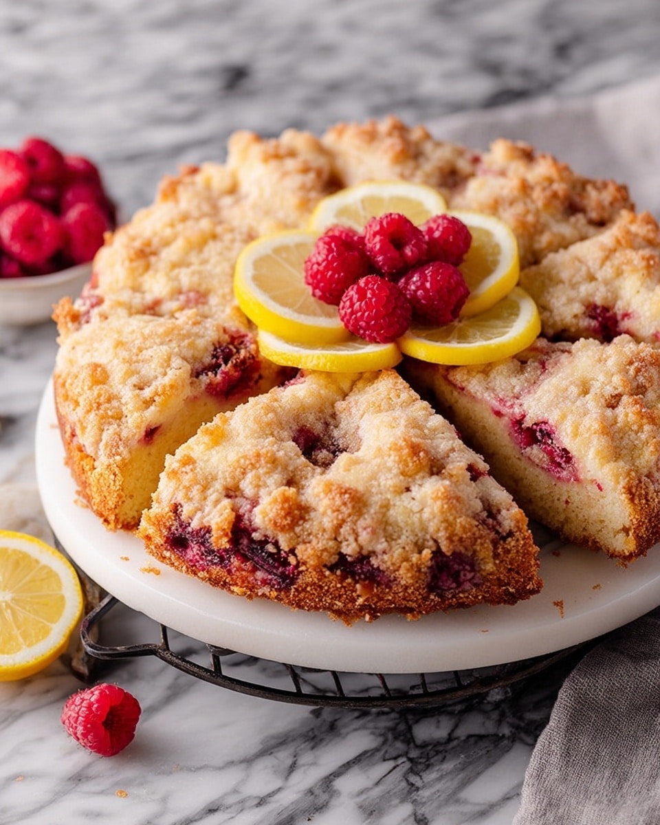 Whole round raspberry lemon crumb cake presented on a white serving plate, topped with fresh raspberries and lemon wedges nestled in the center, showcasing a golden crumbly crust with visible raspberry swirls throughout the cake, photographed from a 3/4 angle on a white marble background with natural lighting, professional food magazine hero shot photo taken with an iphone --ar 4:5 --v 7