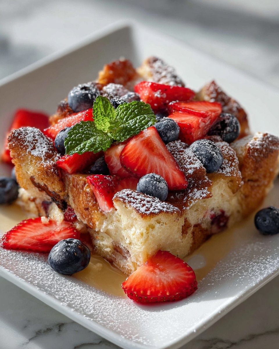 Full white rectangular baking dish filled with golden baked bread pudding topped with fresh sliced strawberries and whole blueberries, dusted generously with powdered sugar. The dish showcases the entire dessert with an inviting texture of toast cubes soaked in custard, bursting with vibrant red and blue berries scattered evenly across the surface. The background features a pristine white marble countertop, bathed in natural light, capturing the dessert from a professional 3/4 angle shot, styled like a cover image from a gourmet food magazine. Photo taken with an iphone --ar 4:5 --v 7