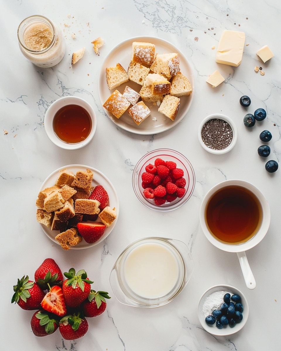 Single white square plate displaying one generous portion of bread pudding topped with vibrant slices of fresh strawberries and whole blueberries, dusted delicately with powdered sugar, close-up angle emphasizing the golden-brown, custard-soaked bread cubes revealing a soft, moist interior texture, garnished with a sprig of fresh mint, set on a white marble surface with natural lighting, styled as a tempting individual serving from a food blog, photo taken with an iphone --ar 4:5 --v 7