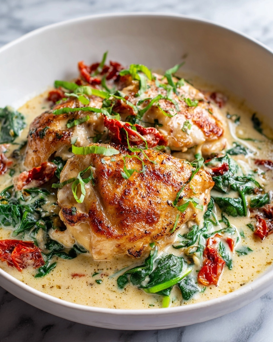 Large stainless steel skillet filled with a creamy chicken dish featuring golden-browned chicken pieces nestled in a rich, velvety sauce with vibrant sautéed spinach and roasted red peppers, all presented in the full skillet on a white marble surface, natural lighting highlighting the textures and colors, professional food magazine style shot taken with an iphone --ar 4:5 --v 7