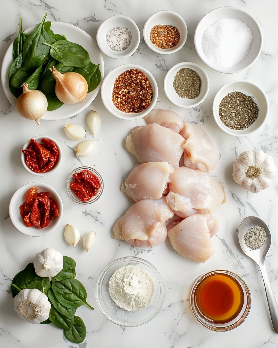 Single white shallow bowl holding one plated portion of creamy chicken thighs cooked in a rich sauce with visible seared golden crust, tender pieces of spinach and sun-dried tomatoes nestled around, close-up angled shot emphasizing the creamy texture of the sauce and the juicy interior of the chicken, garnished with fresh herbs on top, set on a white marble surface, natural lighting, styled intimate food blog serving photo taken with an iphone --ar 4:5 --v 7