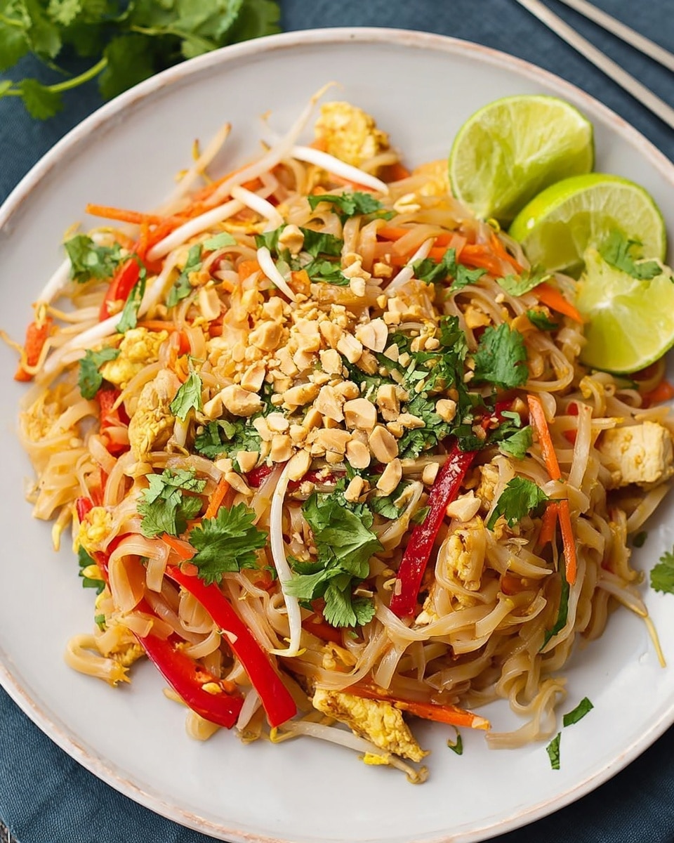 Large black skillet filled with a complete serving of vibrant chicken pad thai, featuring stir-fried rice noodles interspersed with tender chicken pieces, crunchy bean sprouts, thinly sliced red bell peppers, shredded carrots, scrambled eggs, and chopped peanuts, topped with fresh cilantro leaves and lime wedges for garnish, set against a white marble background with natural lighting, professional food styling photo taken with an iphone --ar 4:5 --v 7