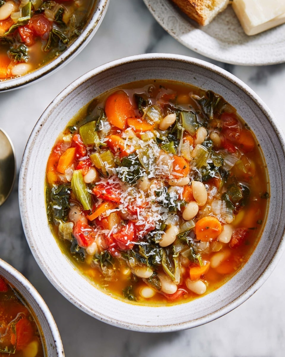 Large white bowl filled with a hearty vegetable and white bean soup, brimming with chunky pieces of carrots, tomatoes, celery, and leafy greens, all simmering in a flavorful broth, garnished with a sprinkle of grated cheese, multiple bowls arranged together on a white marble countertop, natural soft lighting emphasizing the vibrant colors of the soup, professional food magazine hero shot photo taken with an iphone --ar 4:5 --v 7