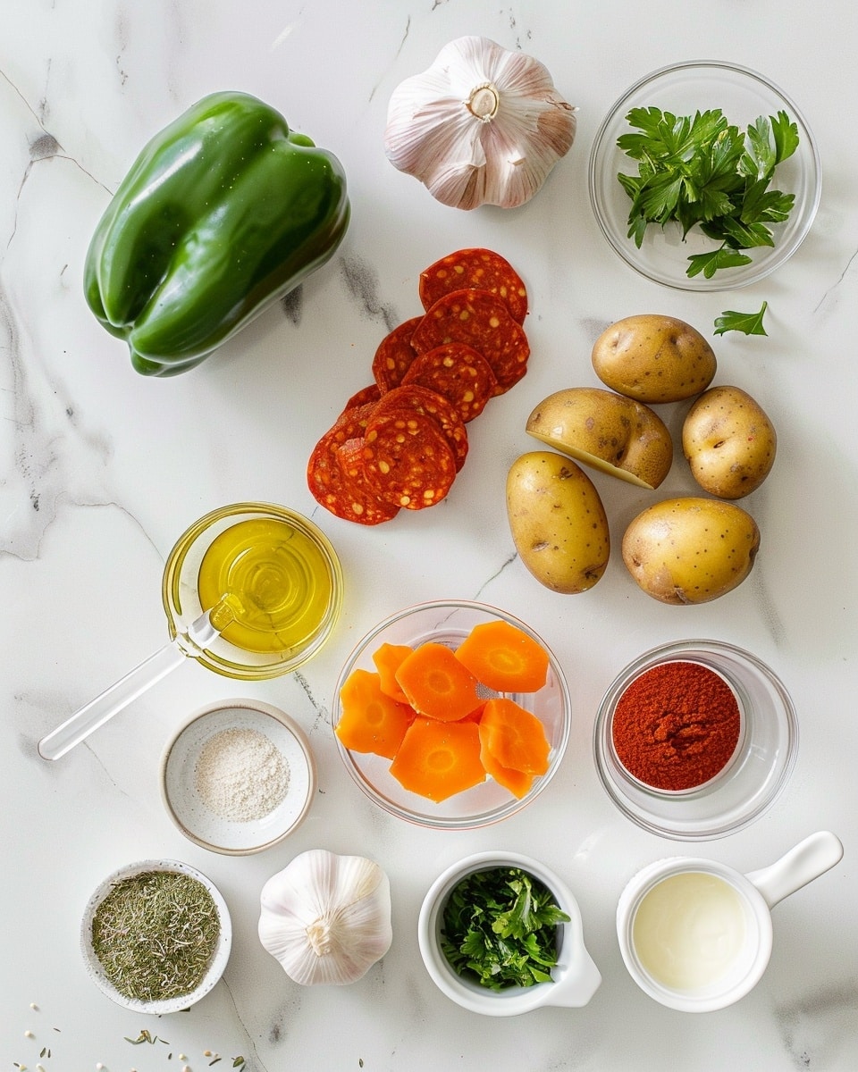 Single white bowl with a generous serving of creamy, rich Hungarian goulash soup featuring visible chunks of tender sausage, potatoes, and assorted vegetables like bell peppers and carrots, the vibrant paprika-spiced broth glistening with a slight sheen, fresh herbs sprinkled on top for garnish, close-up angled shot revealing the hearty texture and colorful ingredients, placed on a white marble surface under natural light, styled like a food blog post ready to eat, photo taken with an iphone --ar 4:5 --v 7
