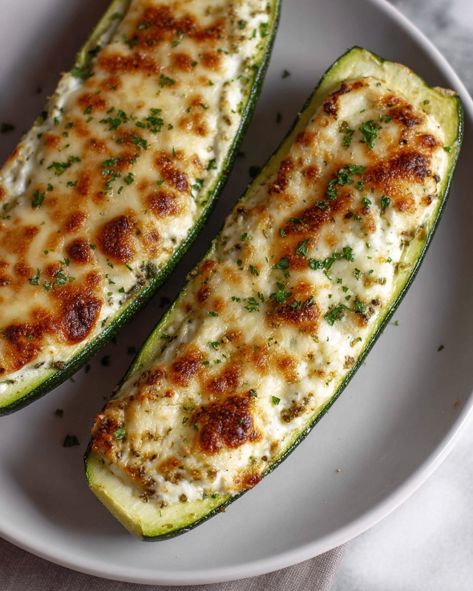Large white oval baking dish filled with six whole zucchini boats, each generously stuffed with a creamy, cheesy ricotta and herb filling, baked to golden brown perfection with speckles of fresh parsley and a light drizzle of olive oil, presented on a white marble countertop with natural lighting, professional food styling photo taken with an iphone --ar 4:5 --v 7