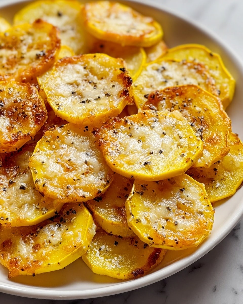 Full rectangular baking pan filled with an entire batch of golden roasted yellow squash rounds topped evenly with melted, slightly browned cheese, sprinkled with cracked black pepper, coarse salt, and fresh chopped parsley, whole dish captured from a 3/4 angle on a white marble countertop in natural light, styled professionally like a food magazine hero shot, photo taken with an iphone --ar 4:5 --v 7