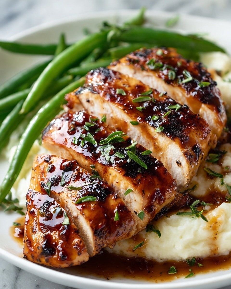 Whole large grilled chicken breast glazed with shiny teriyaki sauce, topped with melted mozzarella cheese and sprinkled with chopped fresh parsley, served on a large white plate with sprigs of rosemary and whole roasted cherry tomatoes on the side, professional 3/4 angle shot on white marble countertop, natural lighting, hero food magazine style photo taken with an iphone --ar 4:5 --v 7