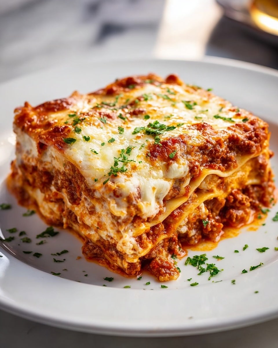 Large white rectangular baking dish filled with freshly baked classic lasagna, layers of rich meat sauce, creamy ricotta cheese, tender pasta sheets, and golden melted mozzarella cheese on top, garnished with sprinkles of fresh chopped parsley, presented in a professional 3/4 angle shot on a white marble countertop under natural lighting, capturing the entire uncut lasagna in frame, hero food magazine style photo taken with an iphone --ar 4:5 --v 7